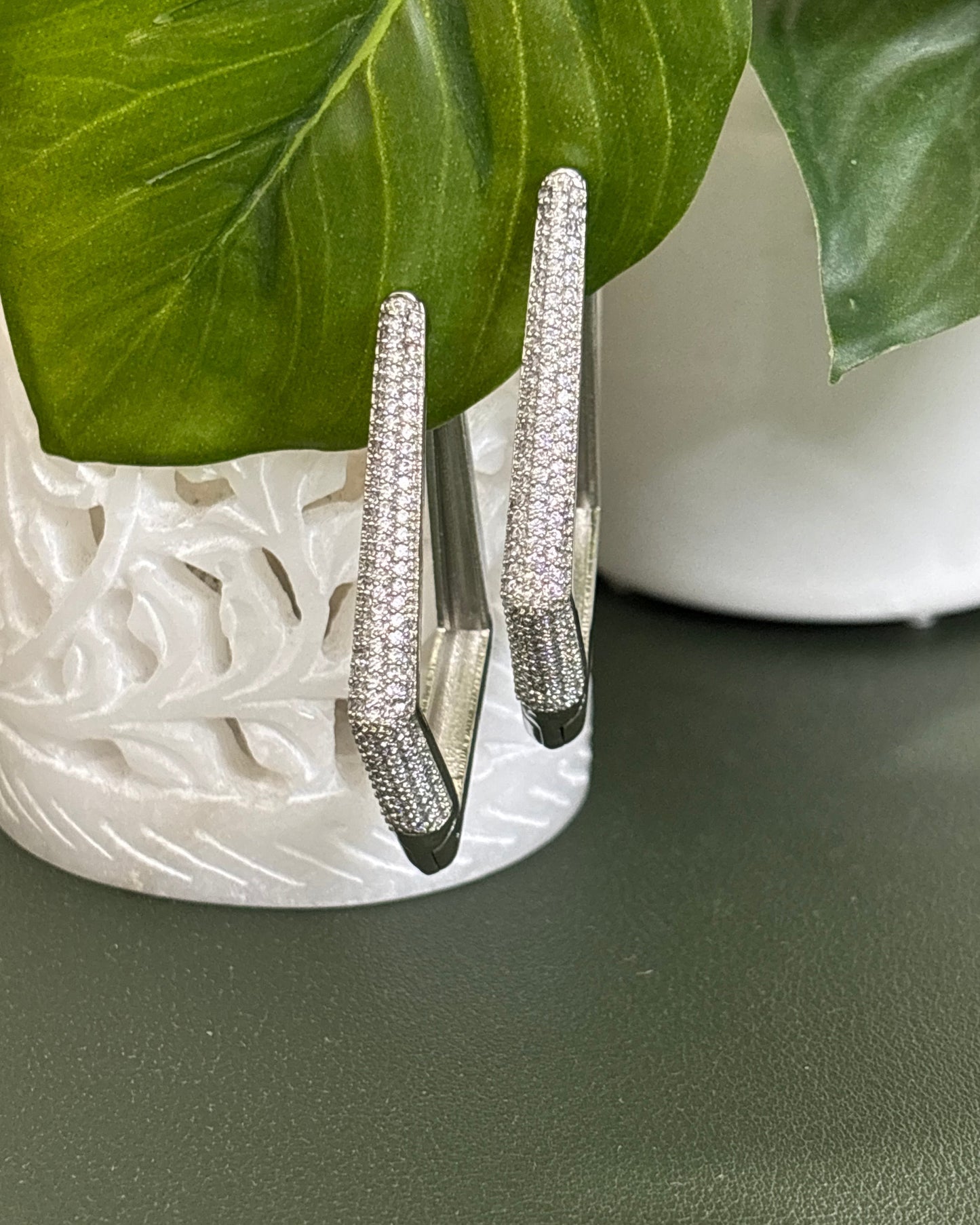 Silver Hex Zirconia Elongated Hoops