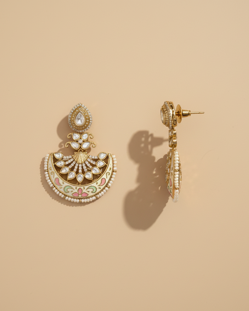 Golden Kundan Amira American Diamond Meenakari Chandbali Earrings