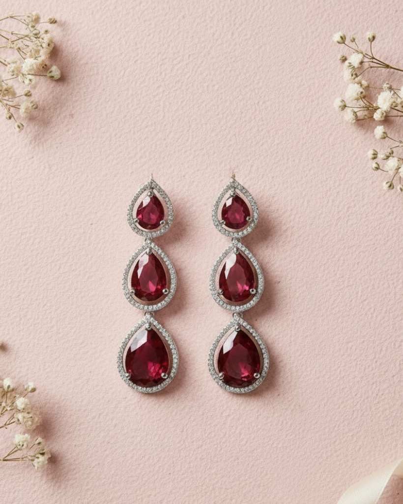 Ruby pink Glow American Diamond Zirconia Dangler Earrings