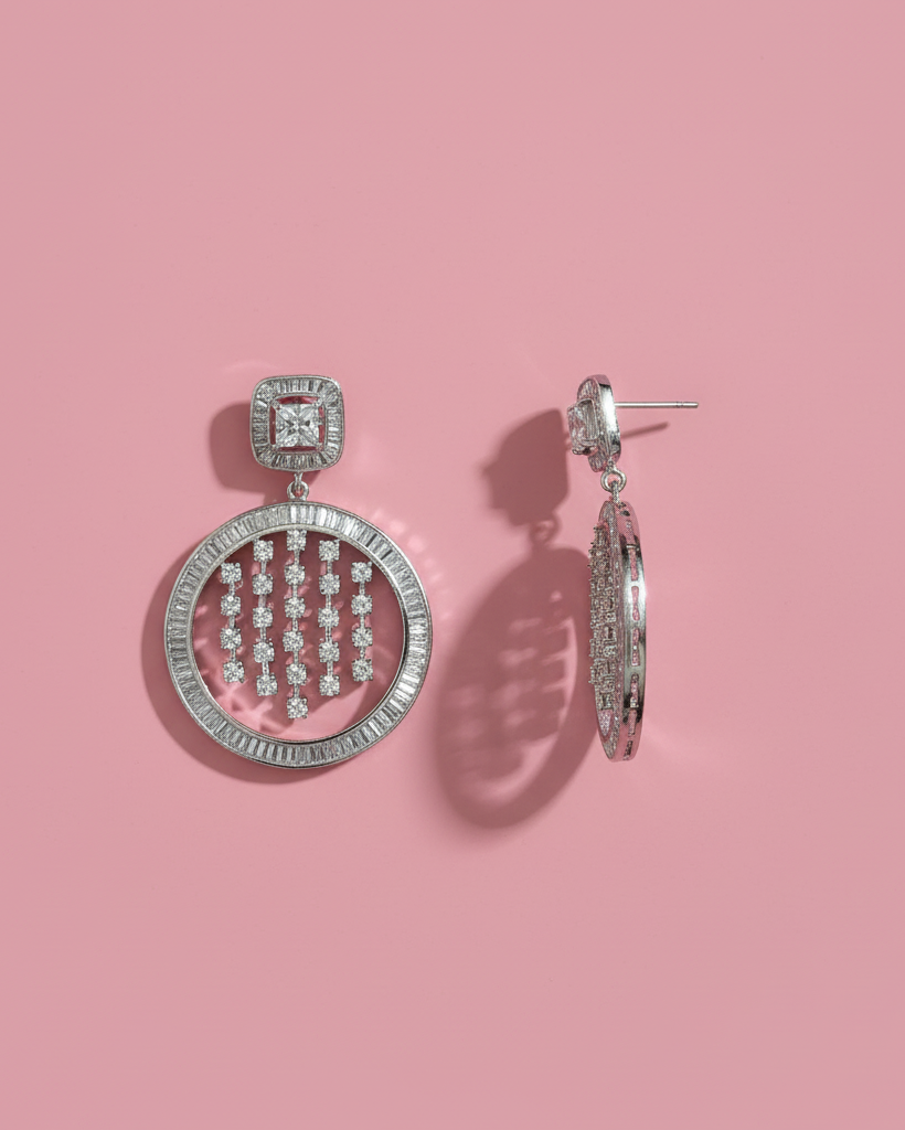 Silver Halo American Diamond Zirconia Dangler Earrings