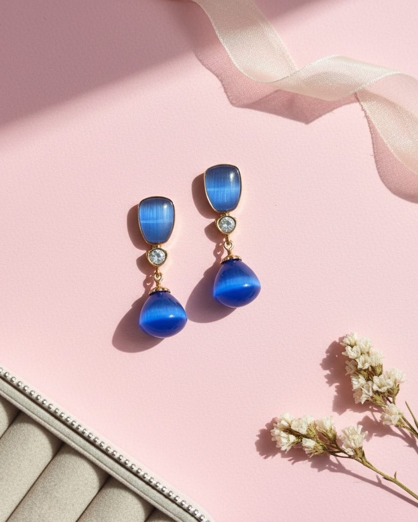 Blue Glass stone Gold polish Dangler Earrings