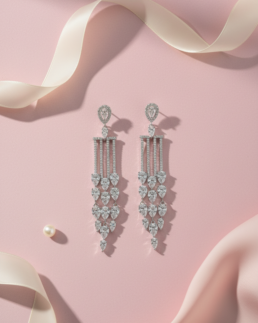 Silver Crystal Vine American Diamond Zirconia Long Danglers