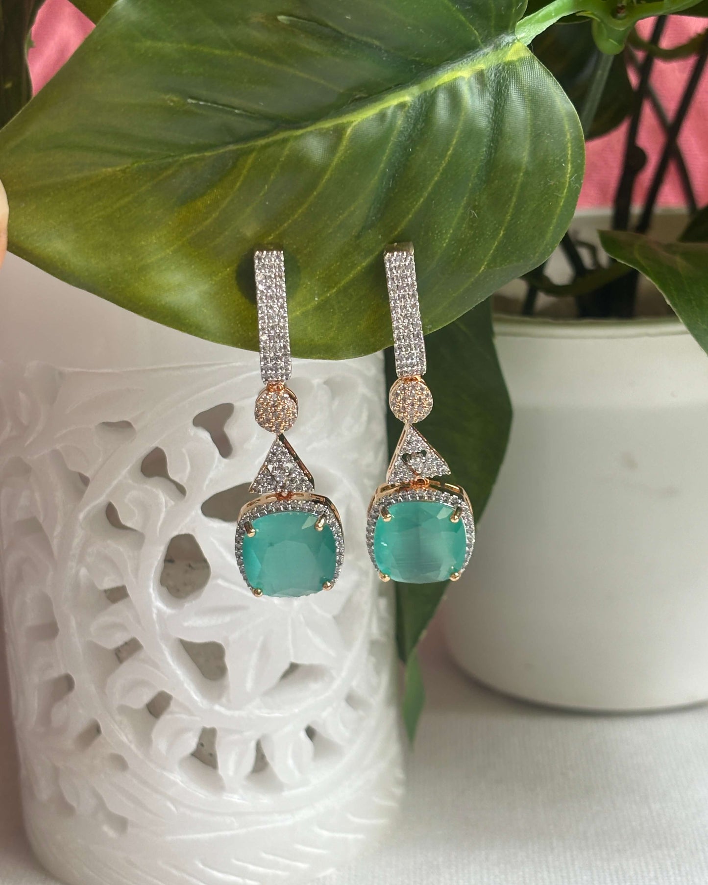 Mint Dual Tone American Diamond Zirconia Drop Earrings