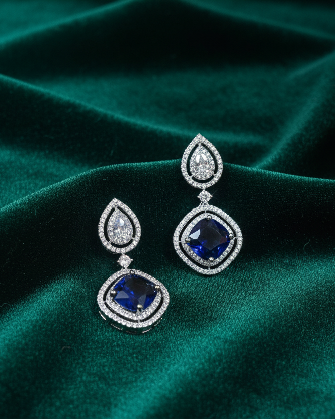 Navy Bliss American Diamond Zirconia Drop Earrings