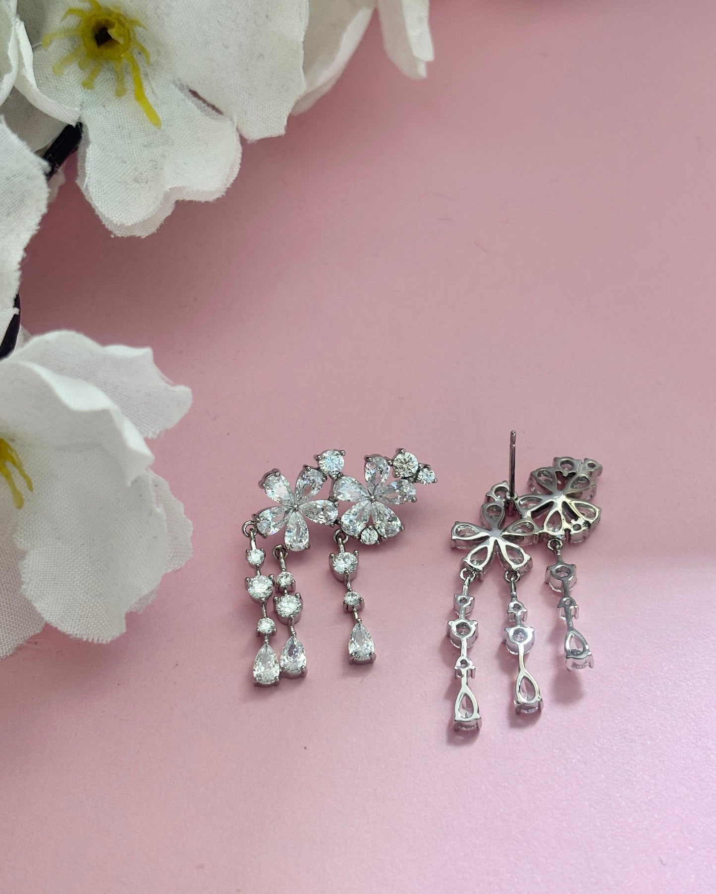Silver Floral Zirconia Drop Earrings