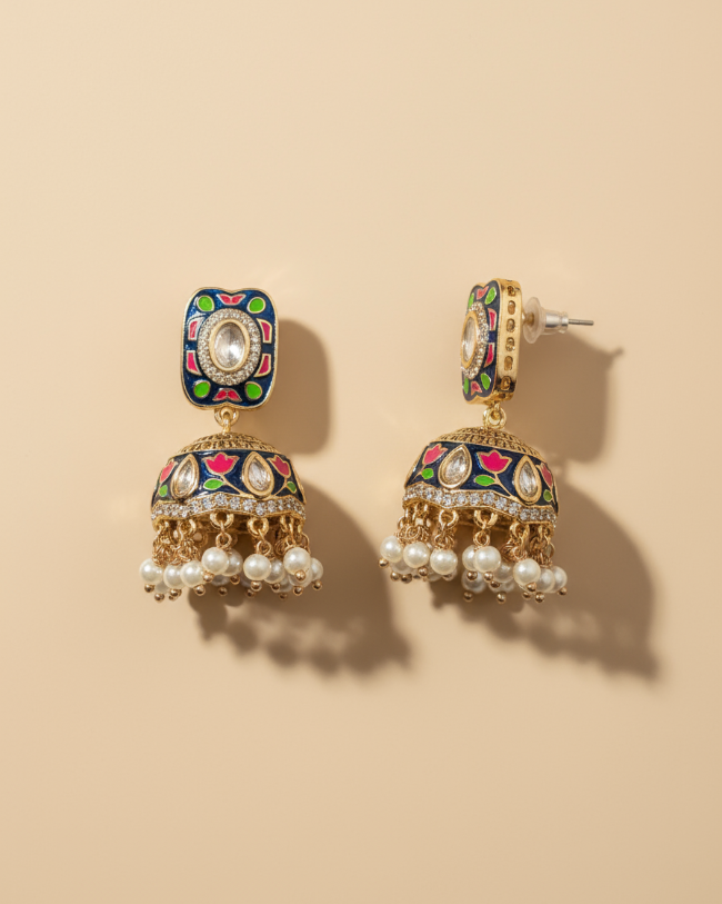 Kundan Meenakari Zirconia Jhumkas | American Diamond Multicolour Jhumka Earrings