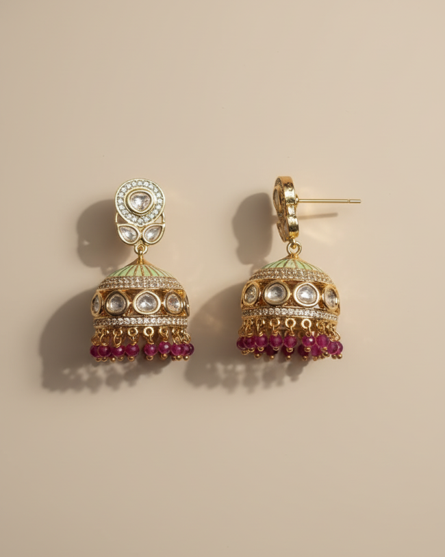 Rani Ishya Kundan Enamel American Diamond Jhumka Earrings