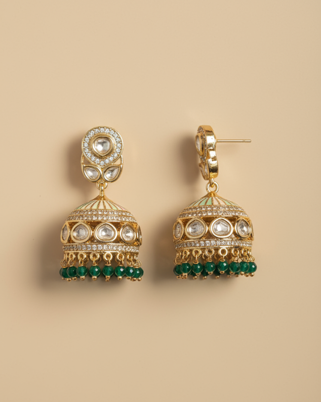 Emerald Ishya Kundan Enamel American Diamond Zirconia Jhumka Earrings