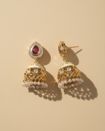 Rani Lyra Kundan Enamel American Diamond Zirconia Jhumka Earrings