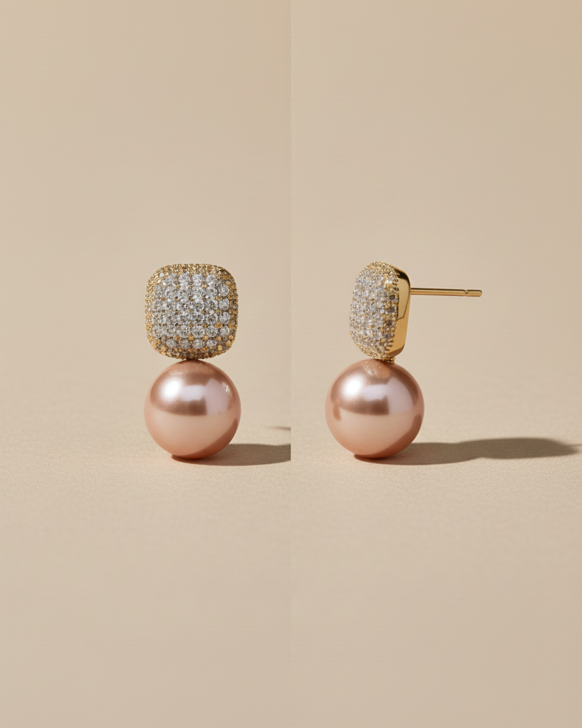 Nysa Pink Pearl American Diamond Zirconia Stud Earrings