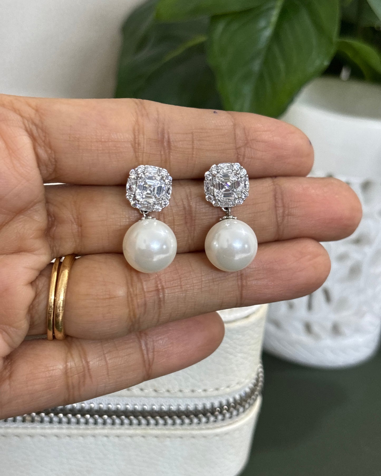 Classic White Pearl American Diamond Zirconia Stud Earrings