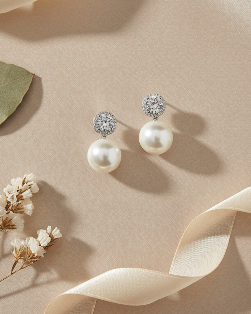 Pure White Pearl American Diamond Zirconia Stud Earrings