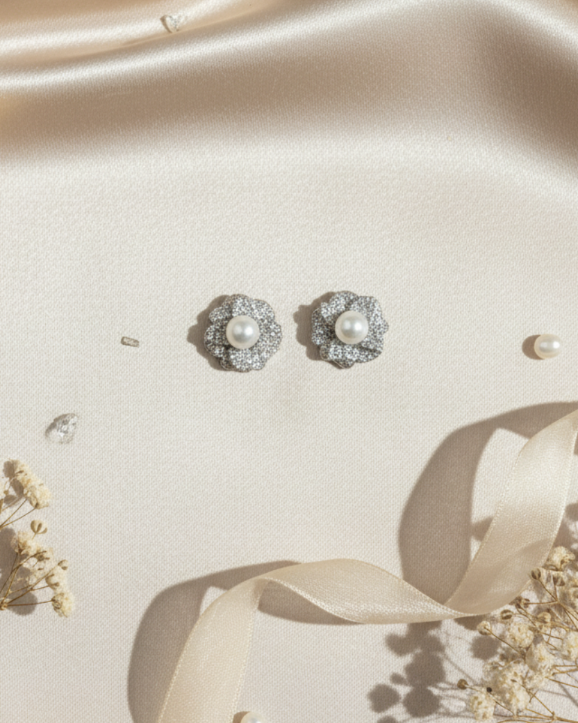 Bloom White Pearl American Diamond Zirconia Stud Earring