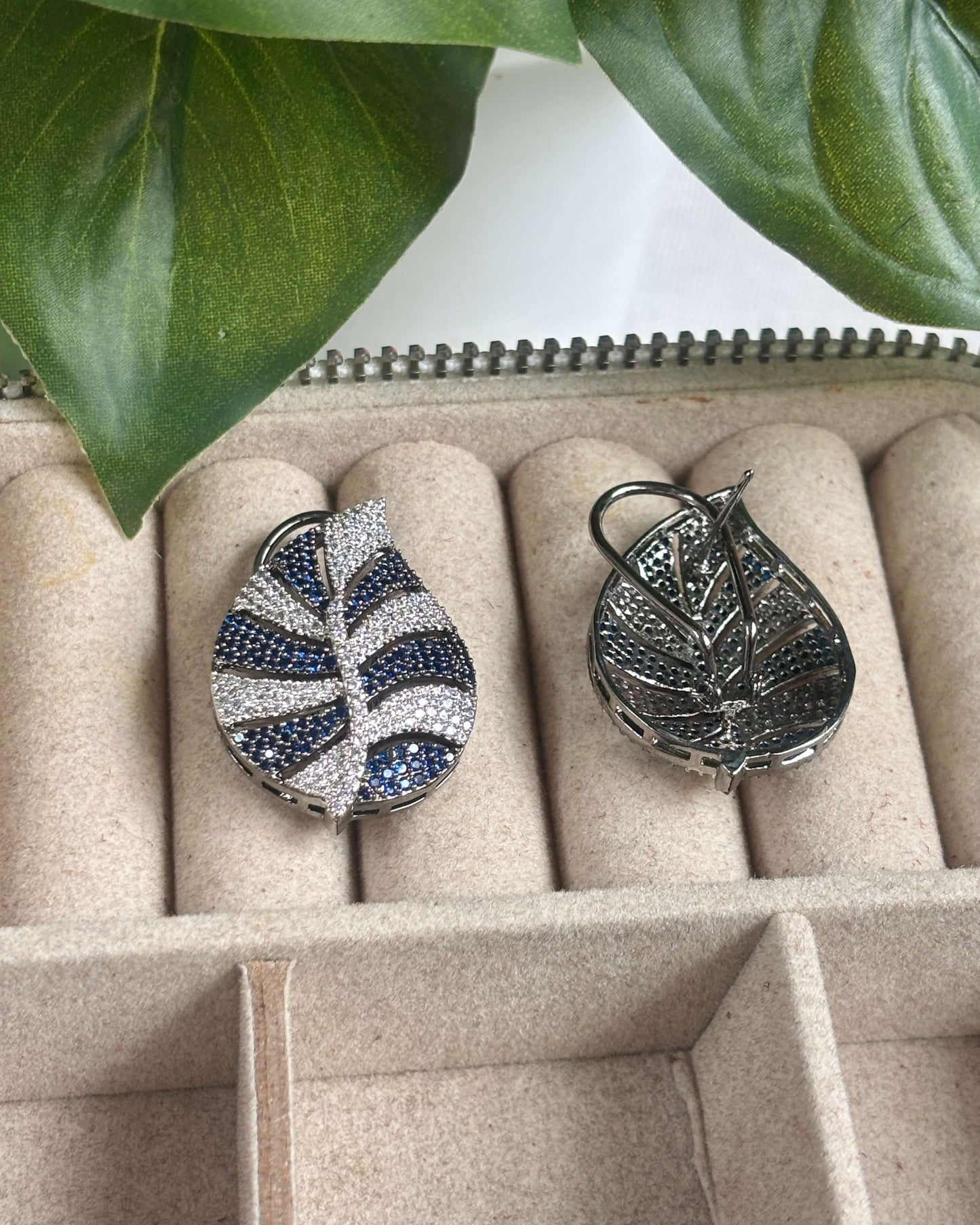 Navy Leaf American Diamond Zirconia Stud Earrings