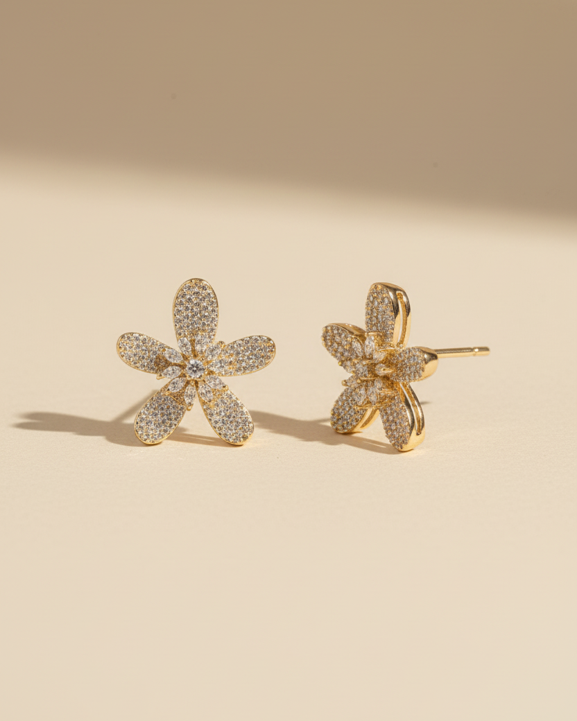 Golden Bloom American Diamond Zirconia Stud Earrings