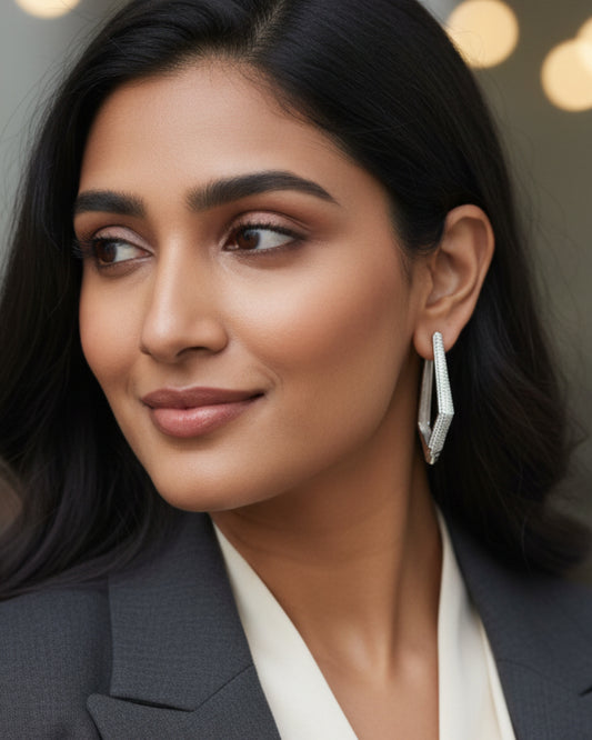 Silver Hex Zirconia Elongated Hoops