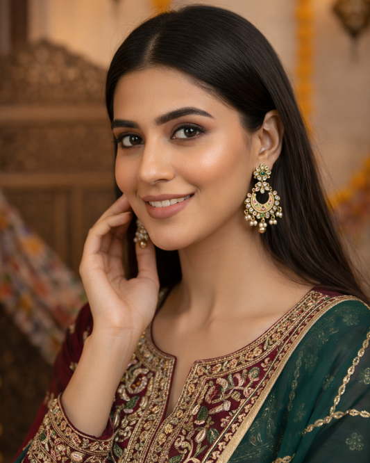 Kundan Elara American Diamond Zirconia Meenakari Chandbali 