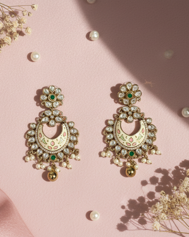 Kundan Elara American Diamond Zirconia Meenakari Chandbali 