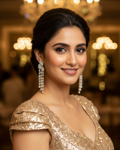 Golden Shimmer American Diamond Ziconia Dangler Statement Earrings