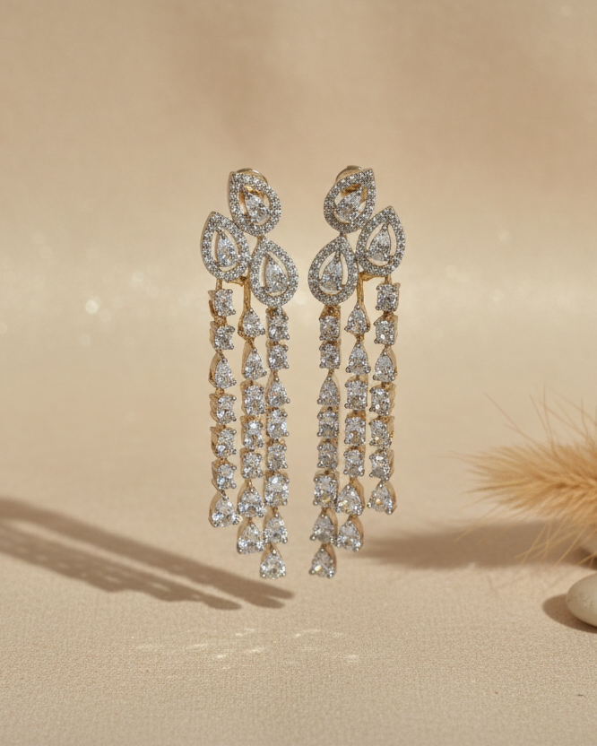 Golden Shimmer American Diamond Ziconia Dangler Statement Earrings