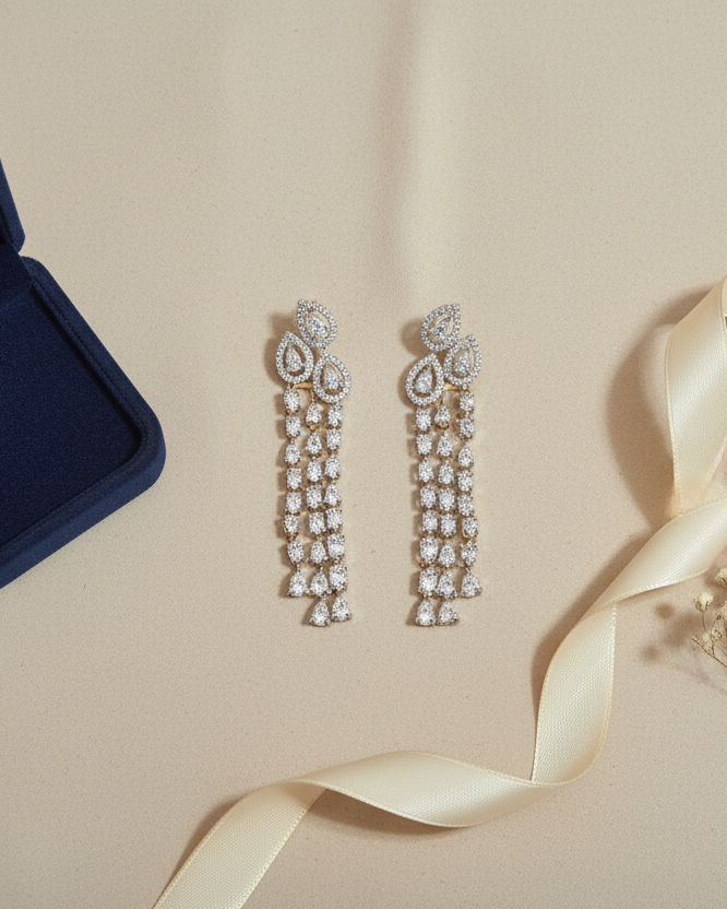 Golden Shimmer American Diamond Ziconia Dangler Statement Earrings