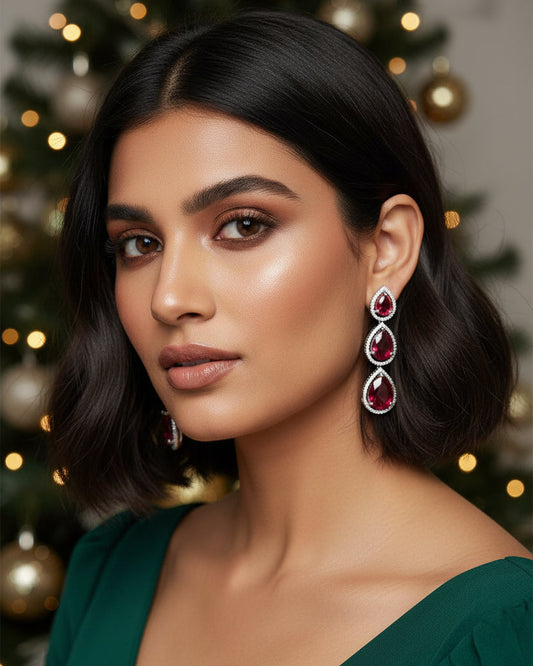 Ruby pink Glow American Diamond Zirconia Dangler Earrings