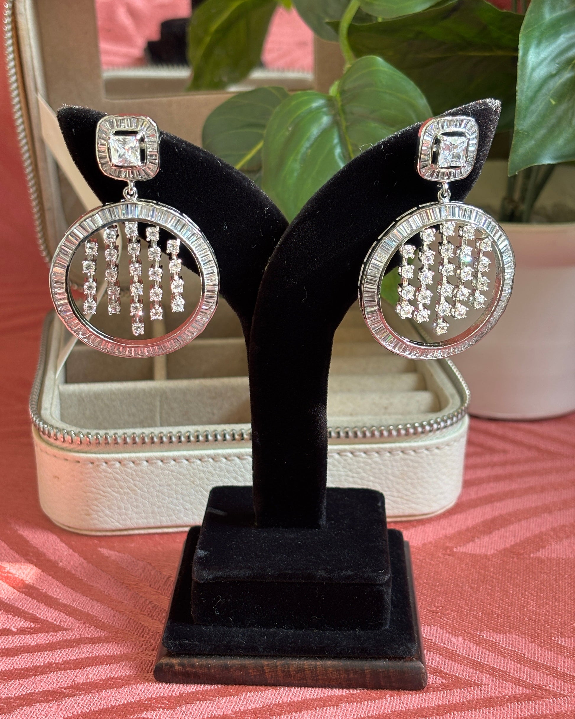 Silver Halo American Diamond Zirconia Dangler Earrings