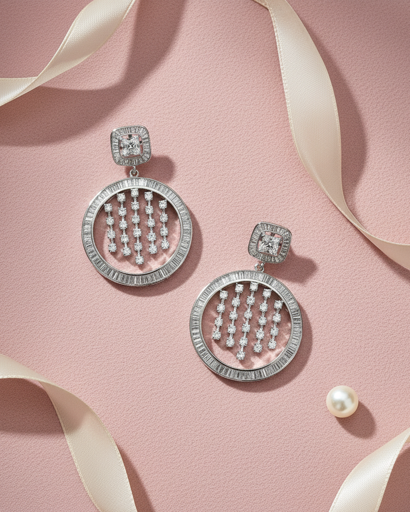 Silver Halo American Diamond Zirconia Dangler Earrings