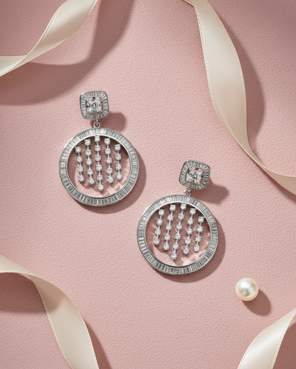 Silver Halo American Diamond Zirconia Dangler Earrings