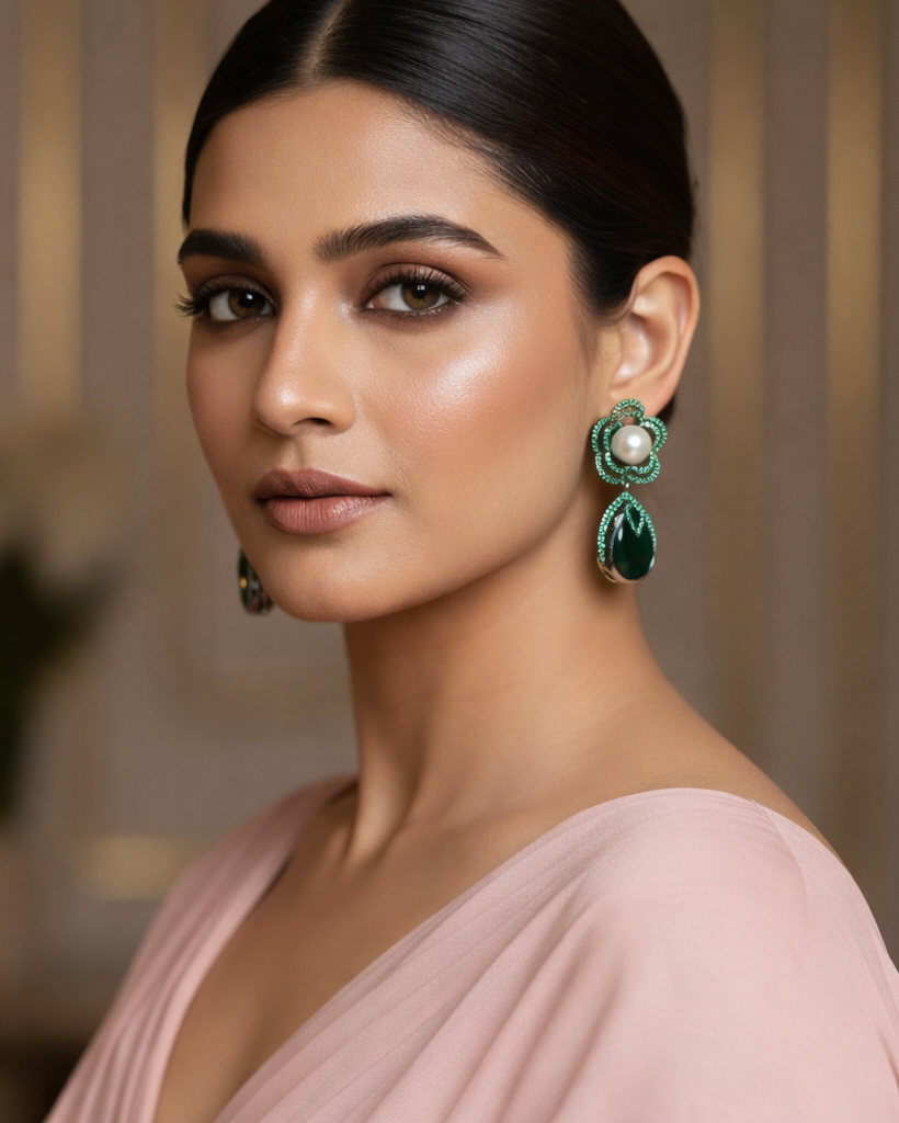 Emerald American Diamond Zirconia Dangler Earrings in Black Finish