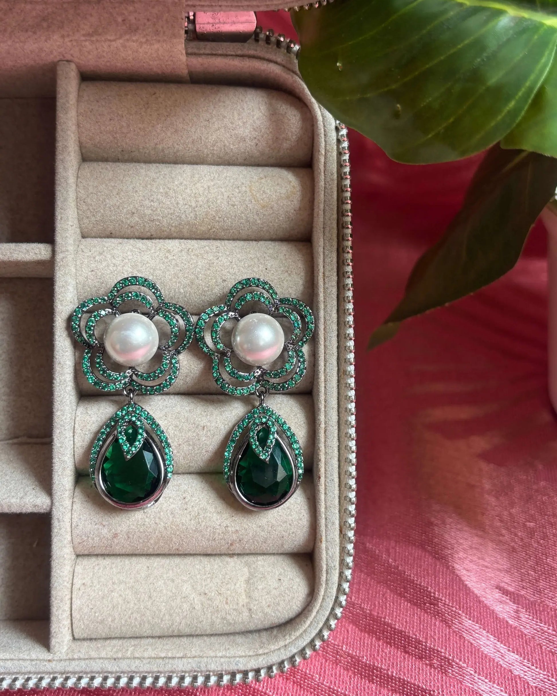 Emerald American Diamond Zirconia Dangler Earrings in Black Finish