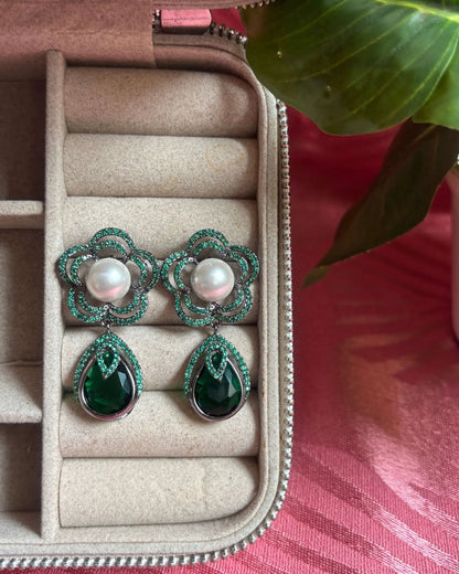 Emerald American Diamond Zirconia Dangler Earrings in Black Finish