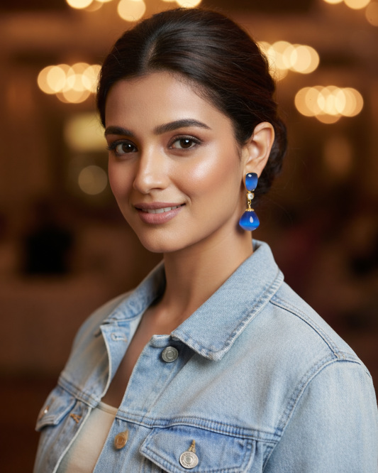 Blue Glass stone Gold polish Dangler Earrings