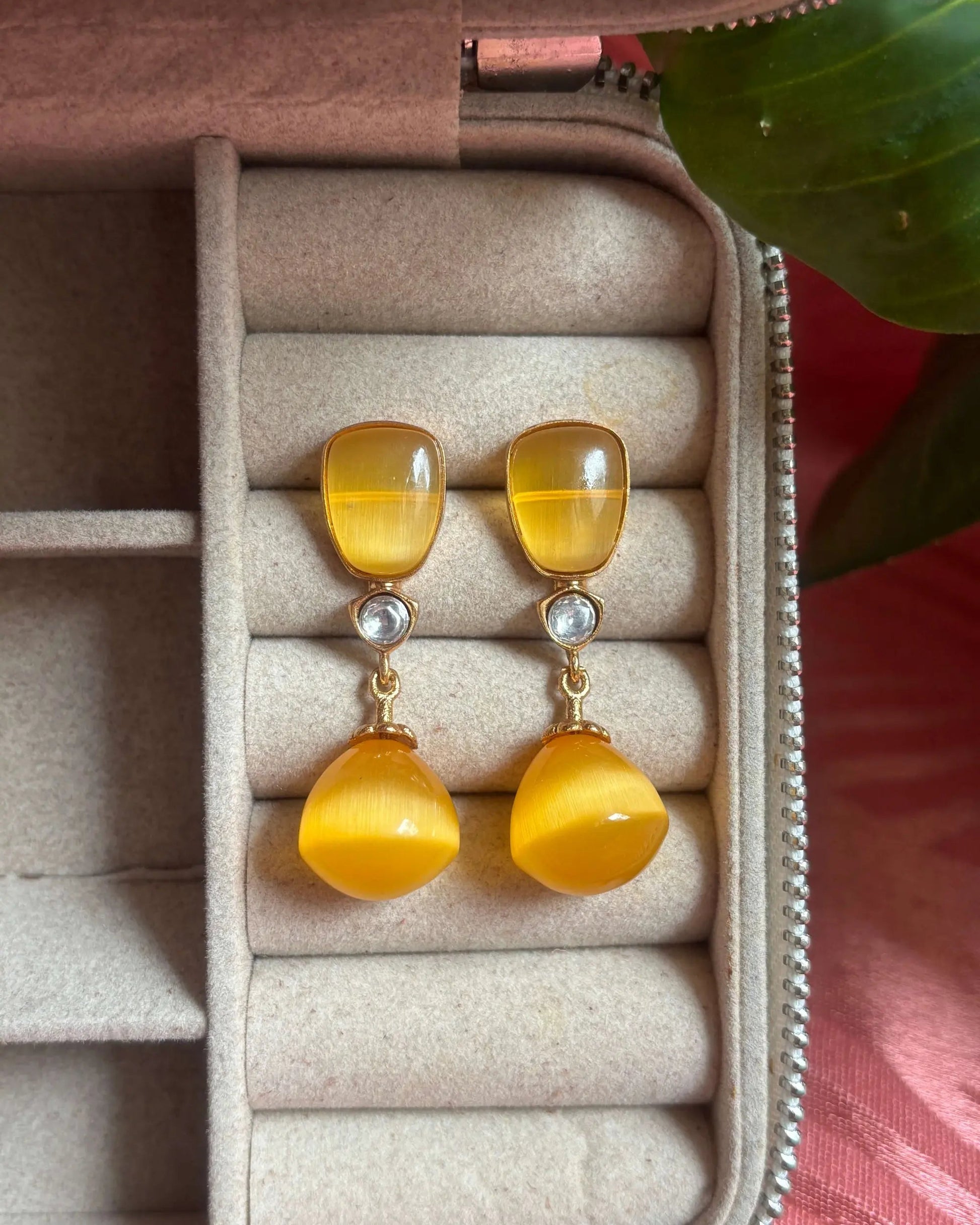 Yellow Glass stone Gold Polish Dangler Earrings