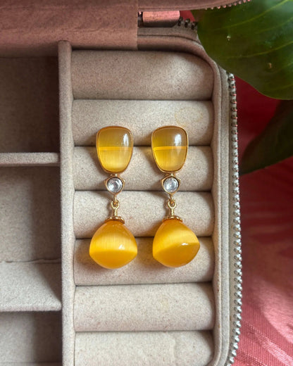 Yellow Glass stone Gold Polish Dangler Earrings