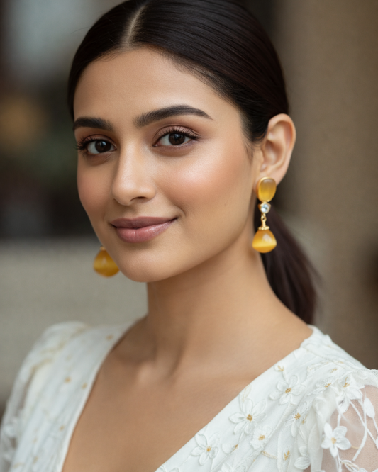 Yellow Glass stone Gold Polish Dangler Earrings
