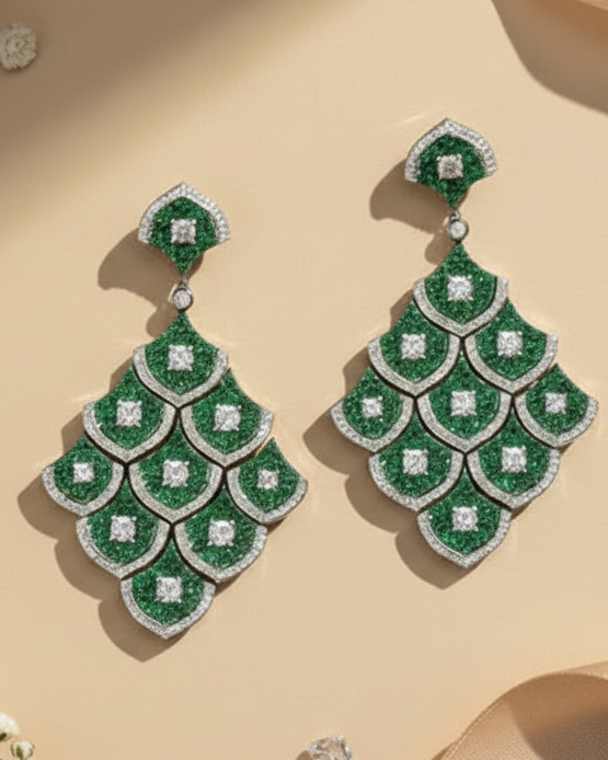 Emerald Royal American Diamond Zirconia Shoulder Duster Earrings 