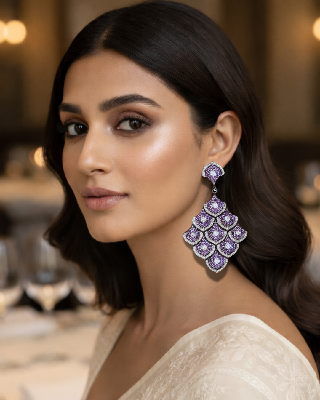 Purple Royal American Diamond Zirconia Shoulder Duster Earrings 