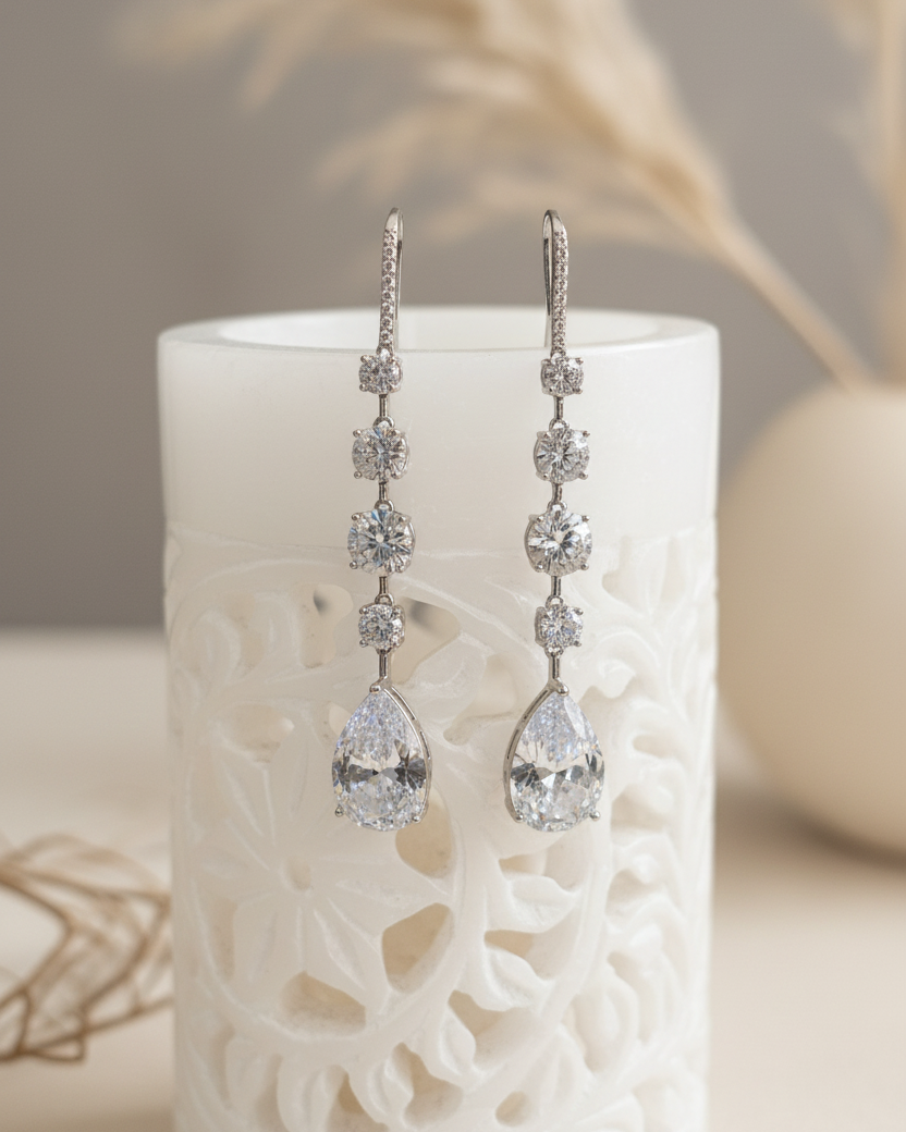 Silver Classic Solitaire American Diamond Zirconia Dangler Earrings