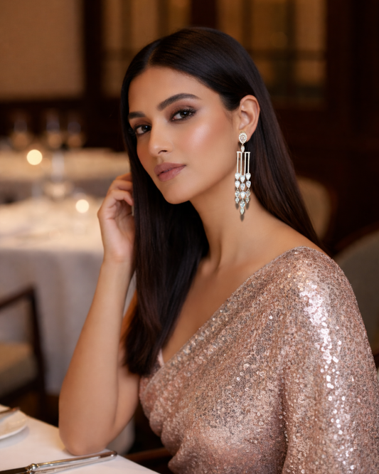 Silver Crystal Vine American Diamond Zirconia Long Danglers