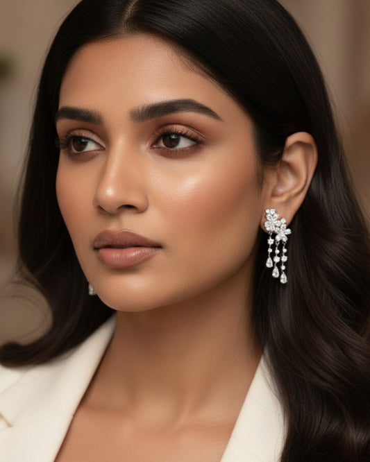 Silver Floral Zirconia Drop Earrings