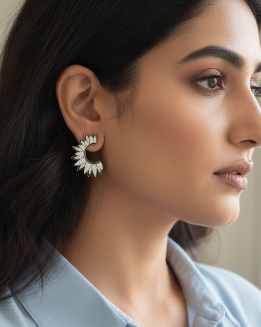 Silver Sunray American Diamond Zirconia Enamel Half Hoop Earrings