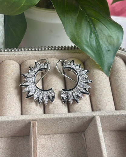 Silver Sunray American Diamond Zirconia Enamel Half Hoop Earrings