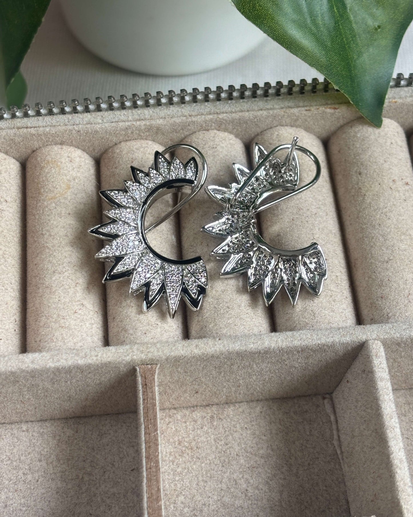 Silver Sunray American Diamond Zirconia Enamel Half Hoop Earrings