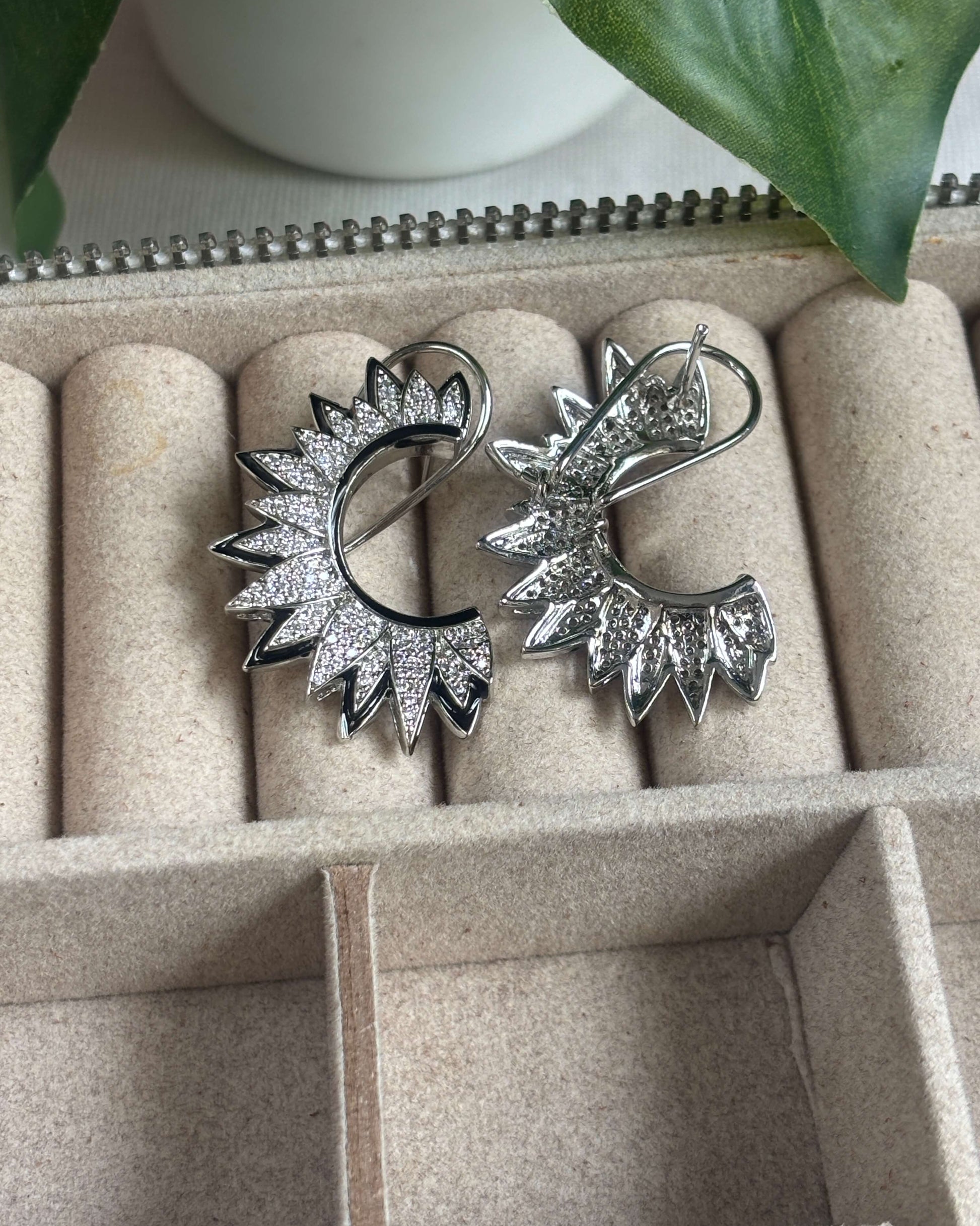 Silver Sunray American Diamond Zirconia Enamel Half Hoop Earrings