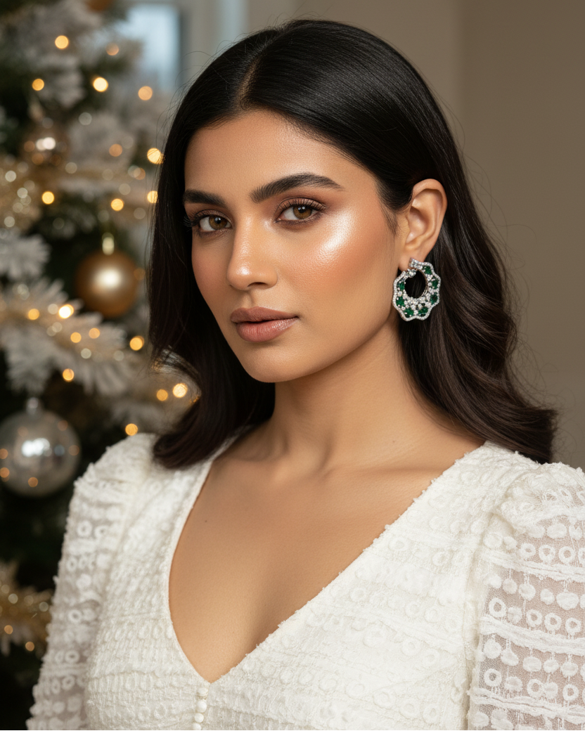 Emerald Glimmer American Diamond Zirconia Half Hoop Earrings