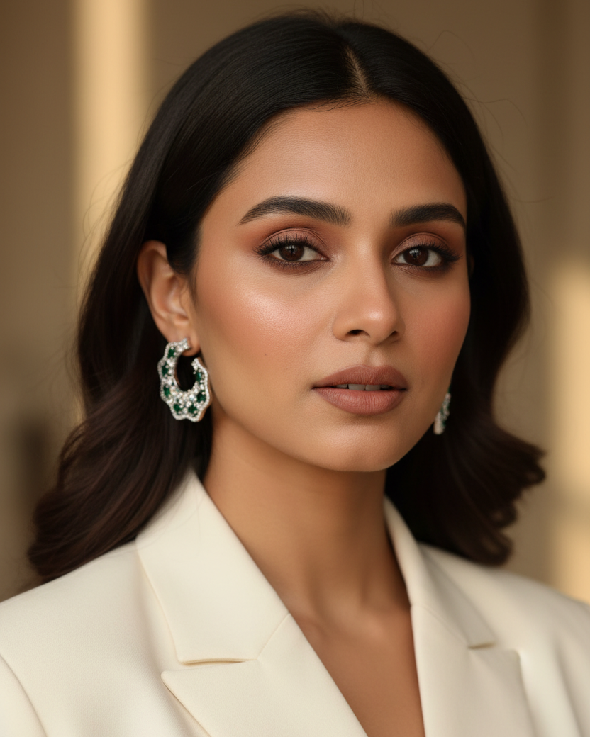 Emerald Glimmer American Diamond Zirconia Half Hoop Earrings