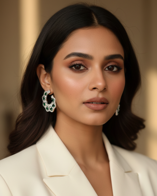 Emerald Glimmer American Diamond Zirconia Half Hoop Earrings