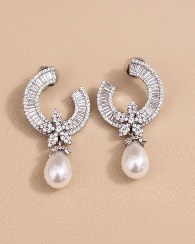 Silver Whimsy American Diamond Zirconia Half Hoop Earrings 