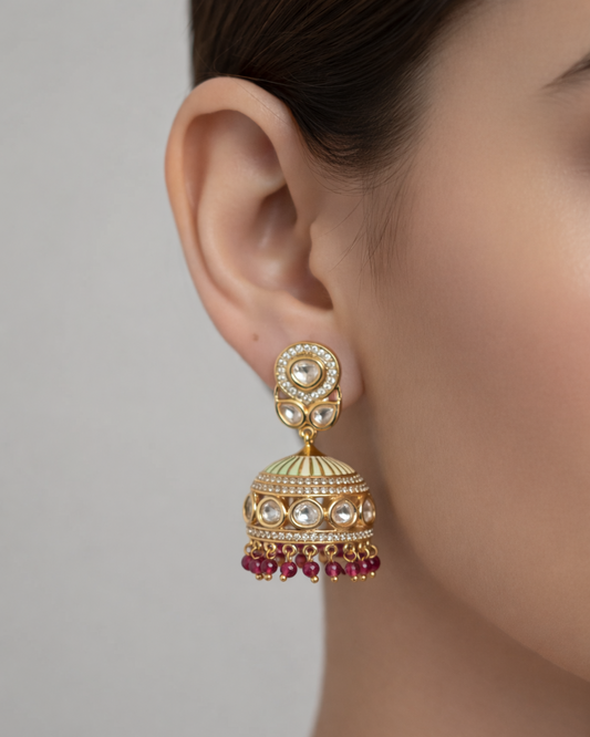Rani Ishya Kundan Enamel American Diamond Zirconia Jhumka Earrings 